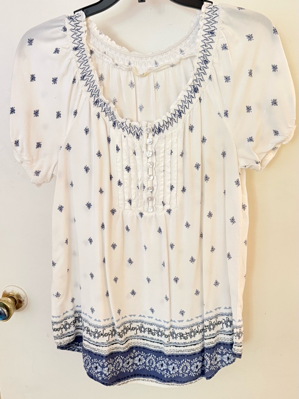 Women's White Boho Embroidered Peasant Top with Blue Accents
